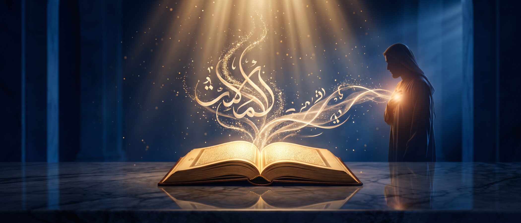مصحف مفتوح يشعّ نورًا ذهبيًا حيًّا يسري نحو قلب إنسانٍ متأمل — روح آيات تتكلم